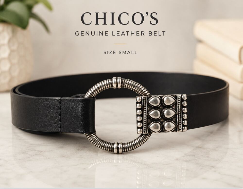 Chico's Genuine Leather Black Belt Silver Tone Textured O Ring Buckle Size Small